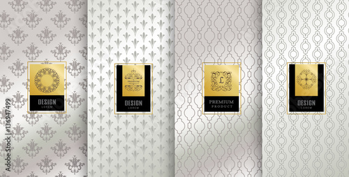 Collection of design elements,labels,icon,frames, for packaging,design of luxury products.Made with golden foil.Isolated on silver background. vector illustration