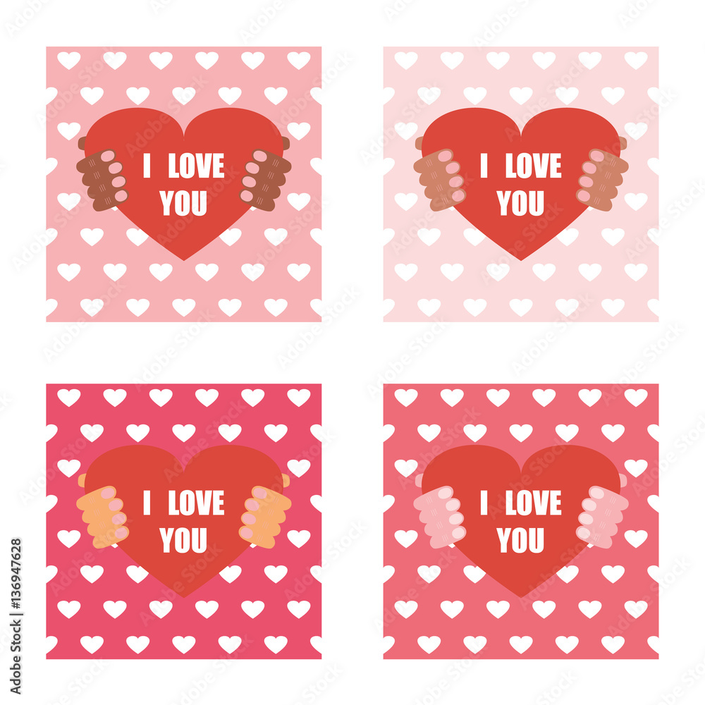 Flat design illustration of white, black, mulat, asian skin man holding Valentine's Day card in hands of romantic background with hearts Flat design illustration of white, black, mulat, asian skin man holding Valentine's Day card in hands of romantic background with hearts