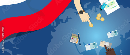 Russia fiscal money trade concept illustration of financial banking budget with flag map and currency
