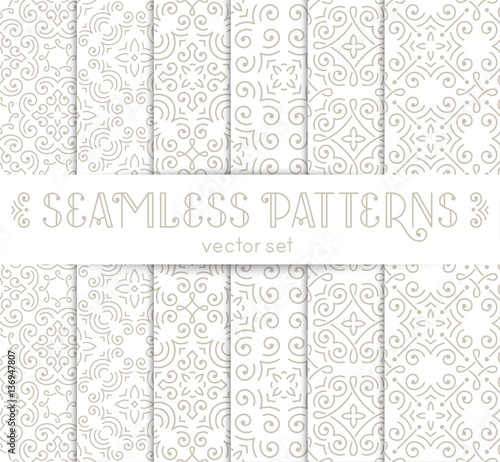 Set of seamless vintage wallpapers with swirls. Neutral color patterns collection. EPS10 vector illustration.