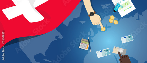 switzerland economy fiscal money trade concept illustration of financial banking budget with flag map and currency