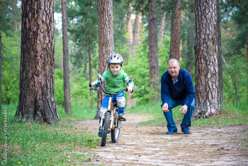 Fototapeta premium Happy cute blond kid boy having fun his first bike on sunny summ