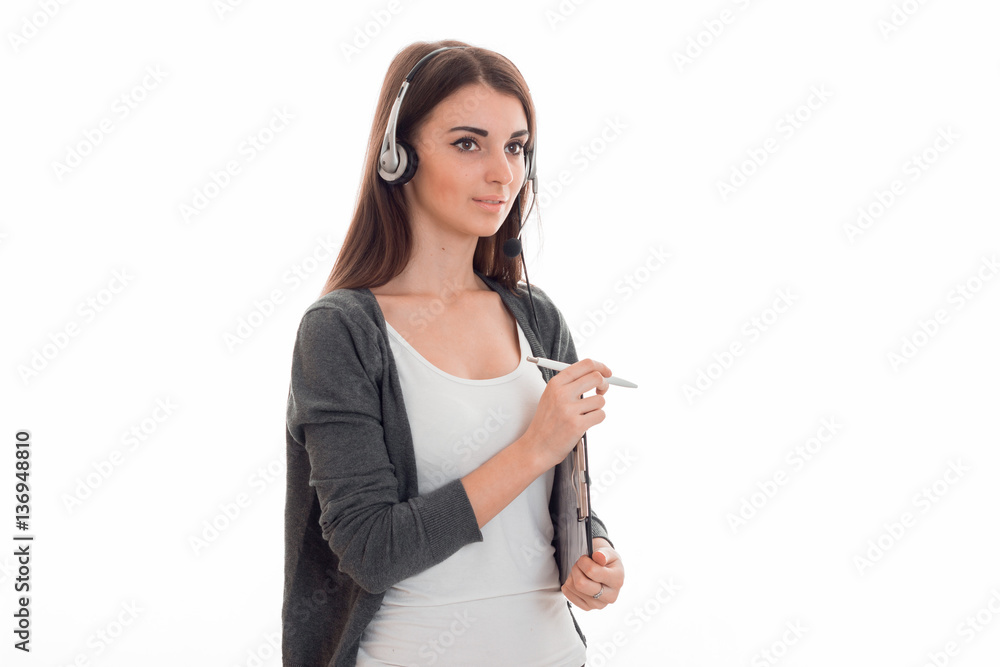 attractive brunette call office worker woman with headphones and microphone isolated on white background attractive brunette call office worker woman with headphones and microphone isolated on white background