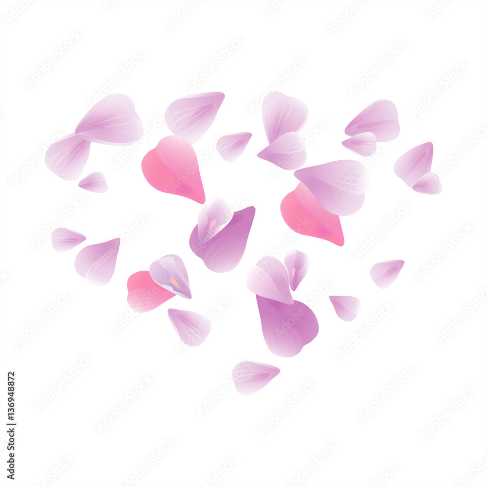 Pink Purple flying petals isolated on white. Sakura petals. Heart of petals. Vector 