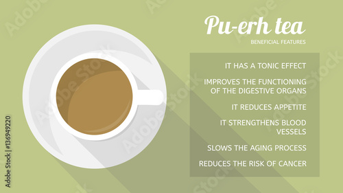 Pu-erh tea: properties and health benefits. Cup of beverage, top view