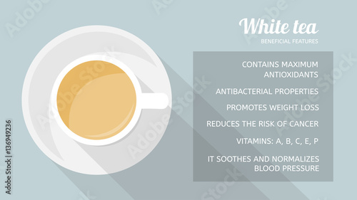 White tea: properties and health benefits. Cup of beverage, top view