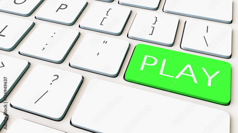 Computer keyboard and green play key. Conceptual 3D rendering Computer keyboard and green play key. Conceptual 3D rendering