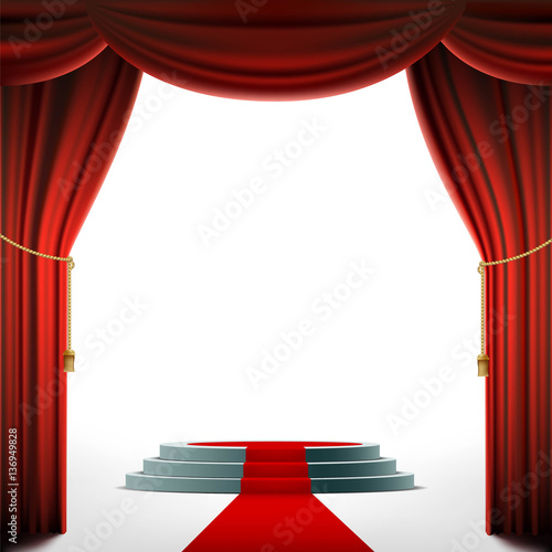 Round podium under the red curtain. Stock vector