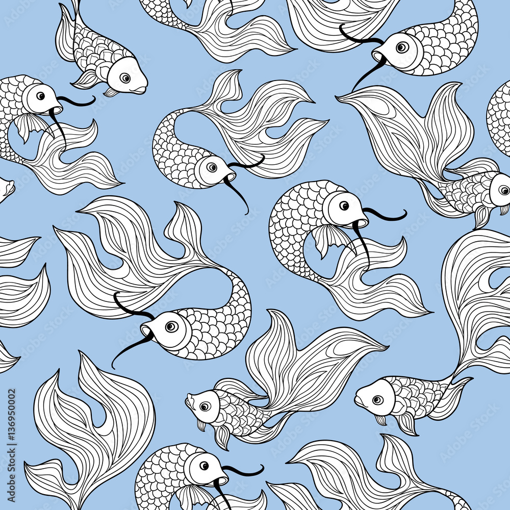 Fototapeta premium fish seamless pattern. Hand drawn doodle line decorative marine