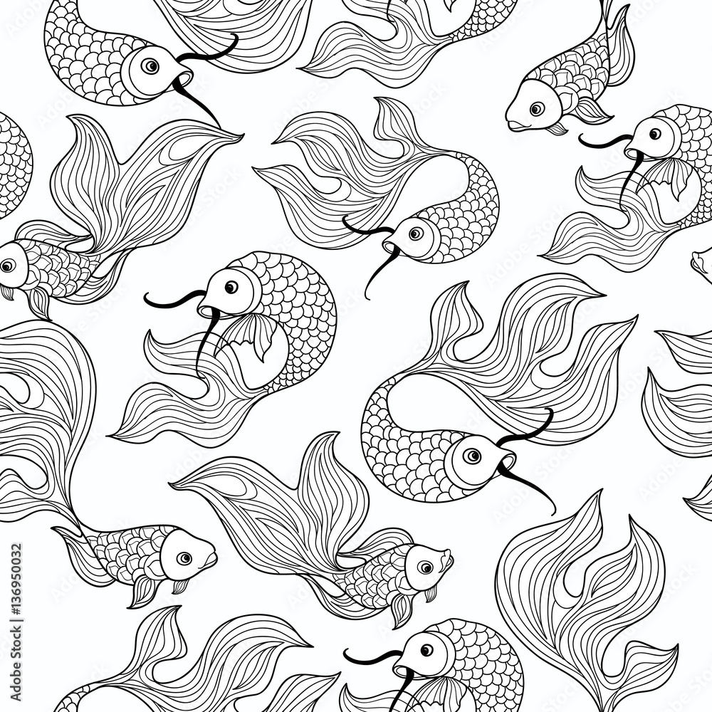Naklejka premium fish seamless pattern. Hand drawn doodle line decorative marine