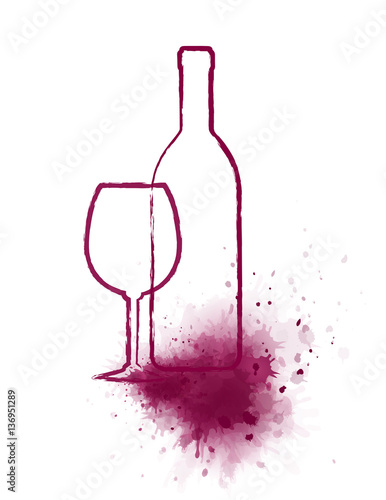 art bottle and glass with wine splash
