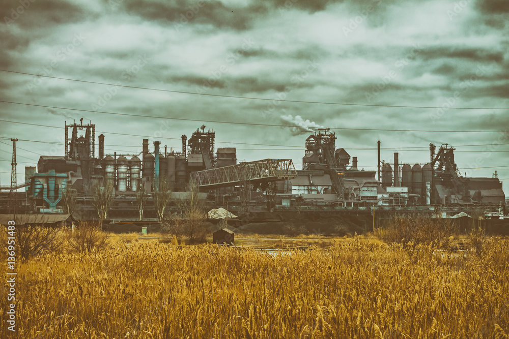 Panorama of metallurgical plant, gloomy industrial landscape