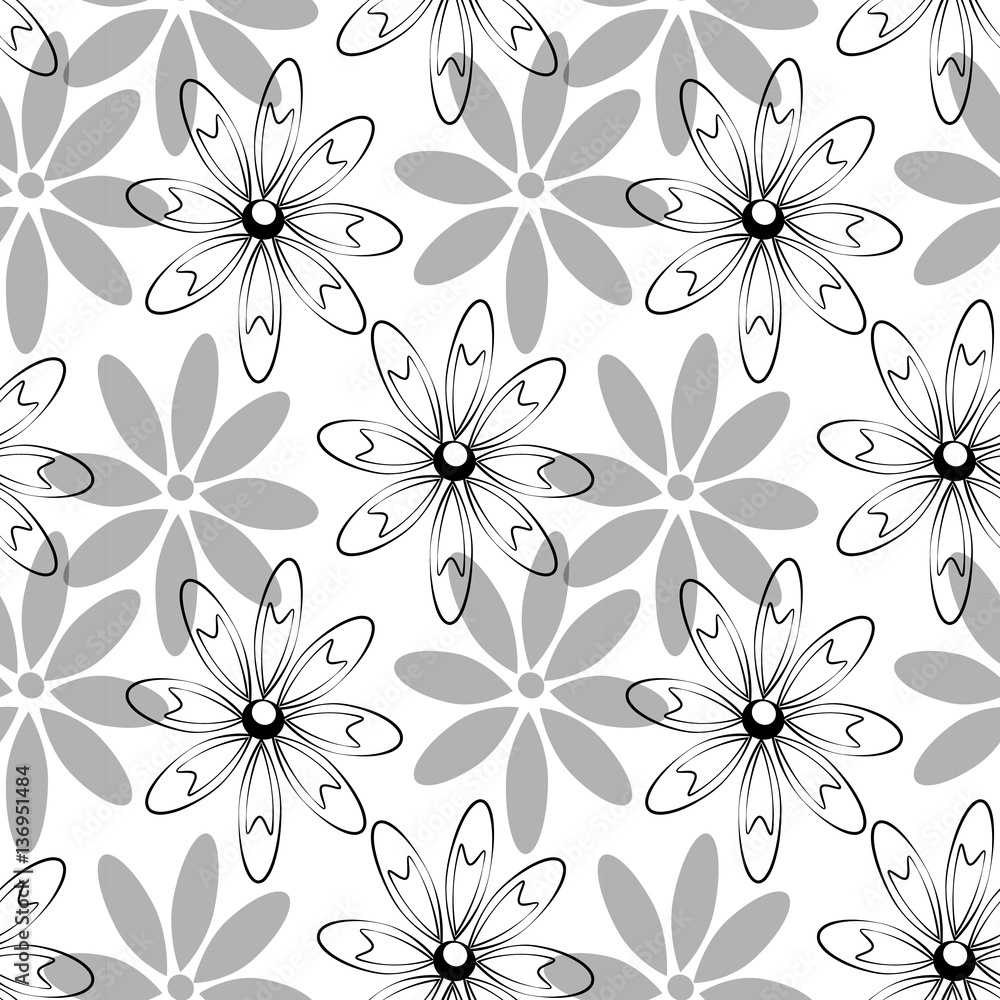 vector flowers pattern, black and white, romantic, bright Stock Vector