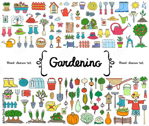 Vector set with hand drawn isolated colored doodles on the  theme of gardening, garden tools, agriculture, harvest