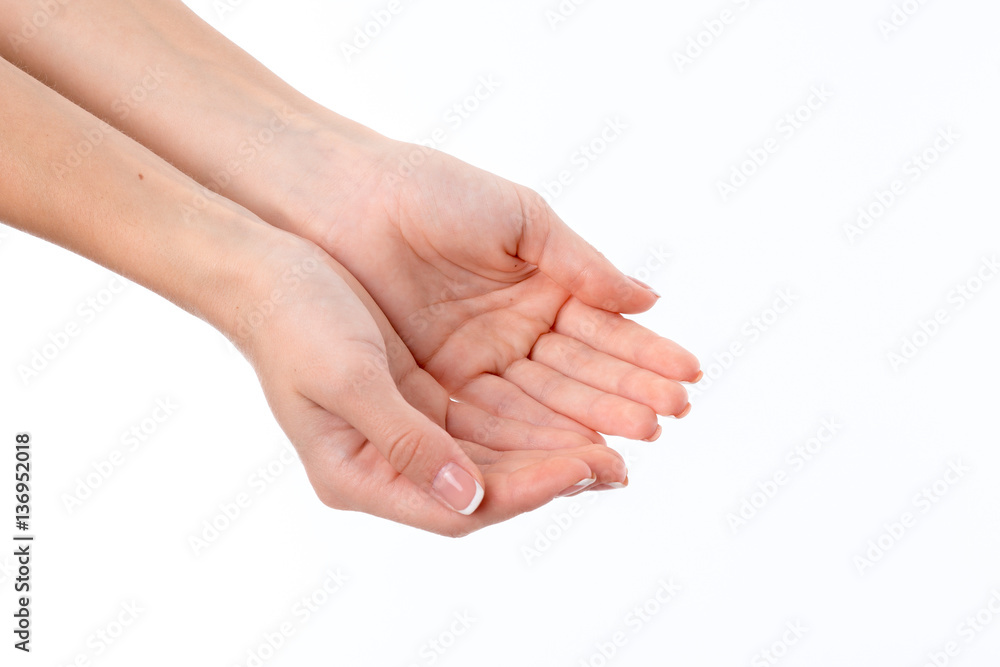 two female hands outstretched Palms deployed isolated on white background two female hands outstretched Palms deployed isolated on white background