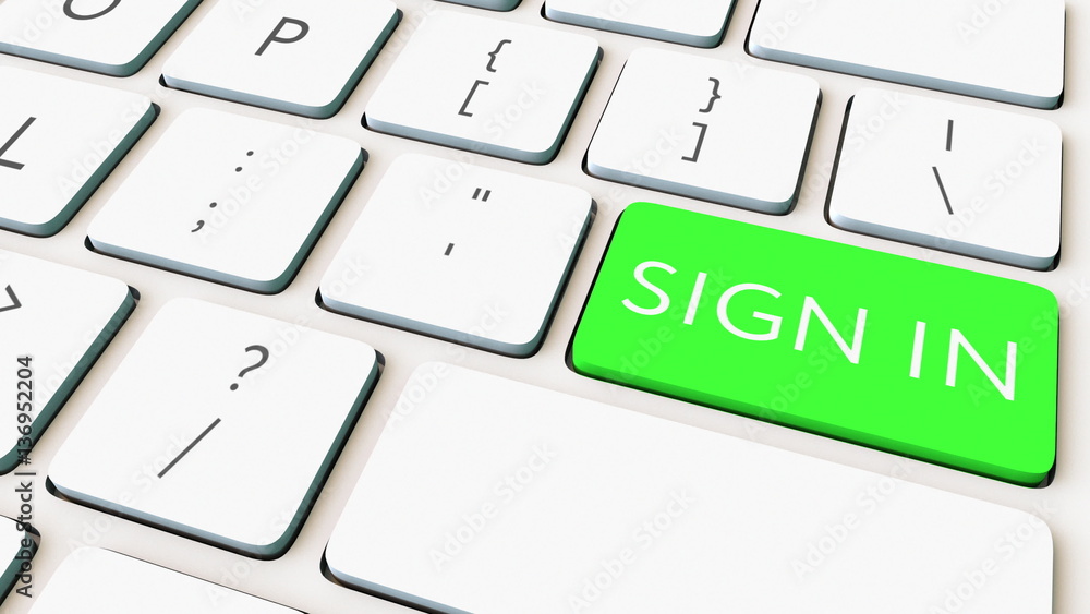 Computer keyboard and green sign in key. Conceptual 3D rendering Computer keyboard and green sign in key. Conceptual 3D rendering