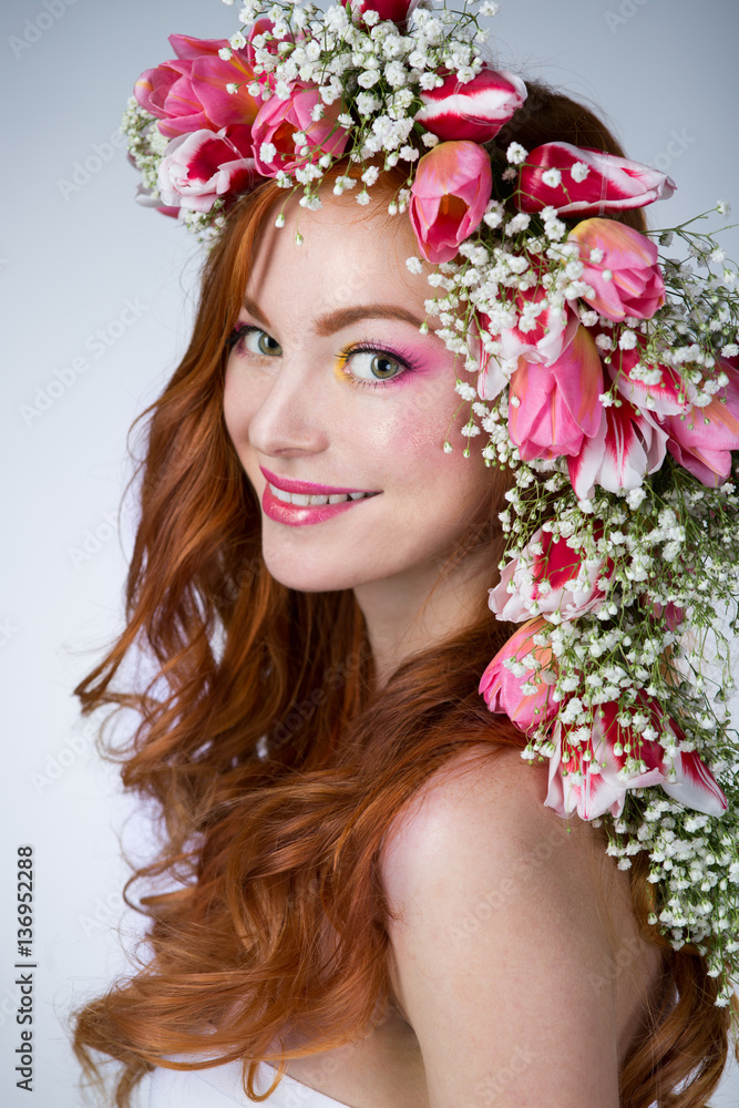 woman with wearing a wreath of tulips