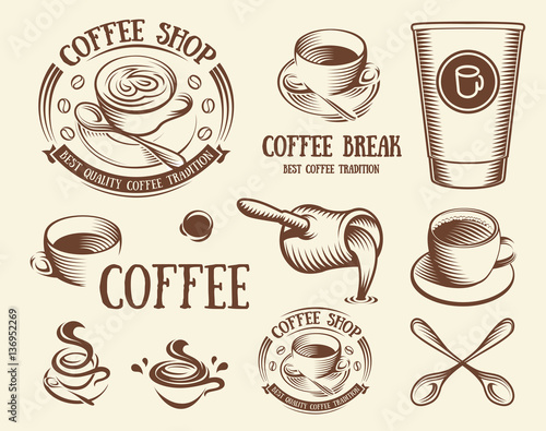 Isolated brown color cup in retro style logos set, logotypes collection for coffee shop vector illustration.