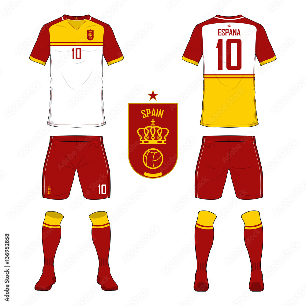 Set of soccer jersey or football kit template for Spain national football  team. Front and back view soccer uniform. Sport shirt mock up. Vector  Illustration Stock Vector | Adobe Stock