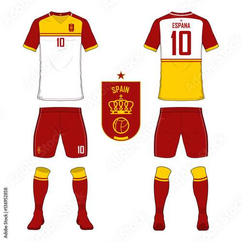 Set of soccer jersey or football kit template for Spain national football team. Front and back view soccer uniform. Sport shirt mock up. Vector Illustration