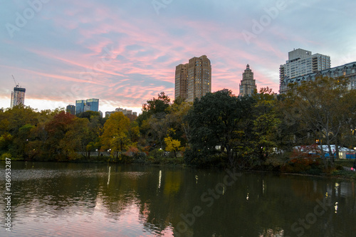 Sunset in central park during the fall