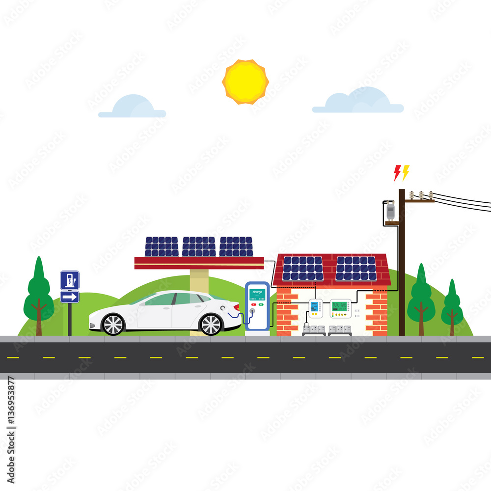 ev station with solar cell and electric vehicle
