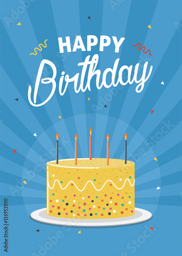 Birthday greeting and invitation card with birthday cake illustration.