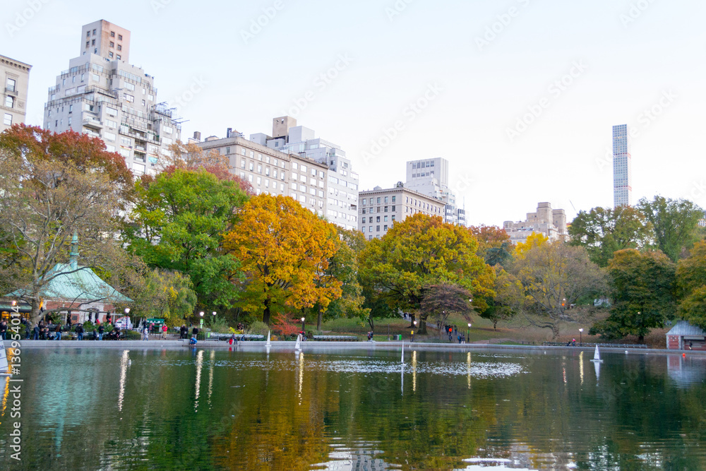 Conservatory water in Central Park by fifth avenue and 74th