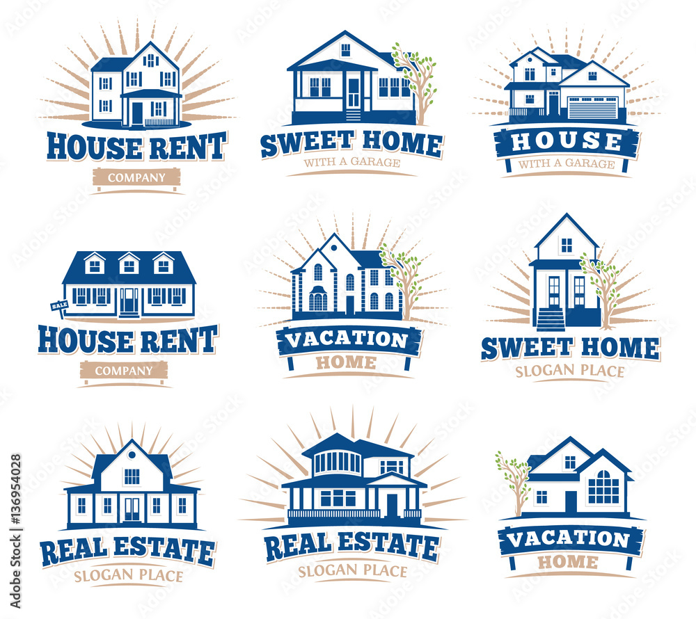 Isolated blue color architectural houses icons for real estate business leaflets emblems collection on white background vector illustration.