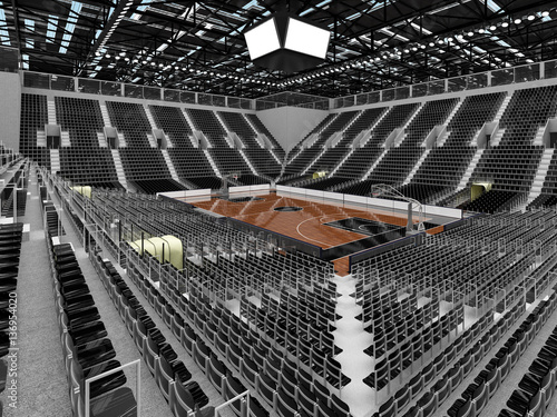 3D render of beautiful sports arena for basketball with black seats