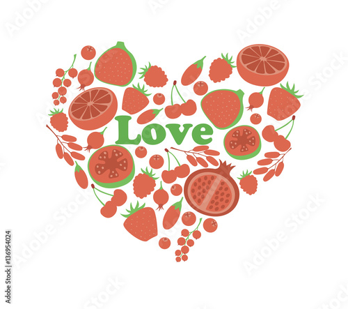 Red fruit berry heart love. Vegan vegetarian diet menu eco natural food. Pomegranate cranberry barberry guava vector icon set