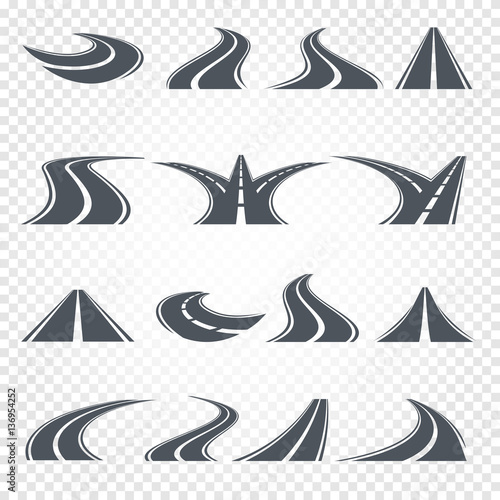Isolated grey color winding curved road or highway with dividing markings on white background vector illustrations set.