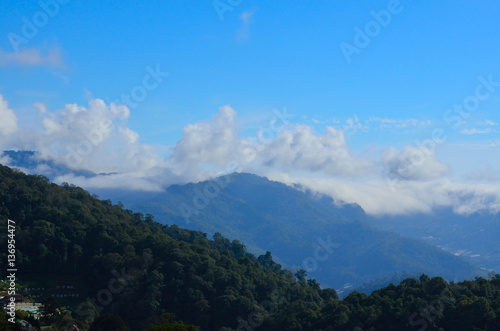 landscape on high mountain with clouds and blue sky