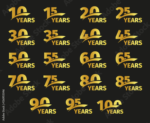 Isolated golden color numbers with word years icons collection on black background, birthday anniversary greeting card elements set vector illustration.