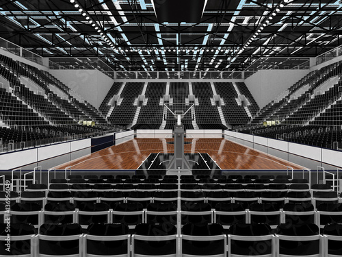 3D render of beautiful sports arena for basketball with black seats