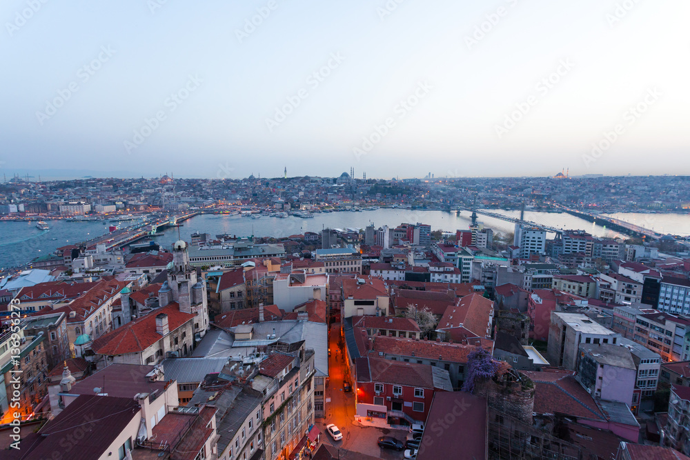 Panoramic views of the Bosphorus and the old part of Istanbul with lots of mosques at evening. Aerial view