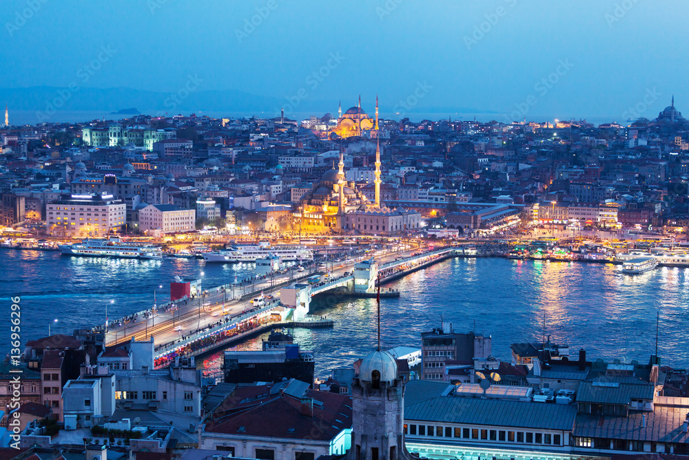 Panoramic views of the Bosphorus and the old part of Istanbul with lots of mosques illuminated at night. Aerial view
