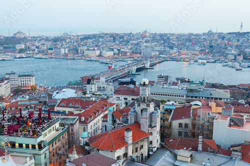 Panoramic views of the Bosphorus and the old part of Istanbul with lots of mosques at evening. Aerial view © LALSSTOCK