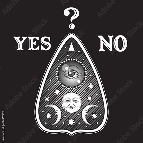 Hand drawn art ouija board mystifying oracle planchette isolated. Antique style boho chic sticker, tattoo or print design vector illustration