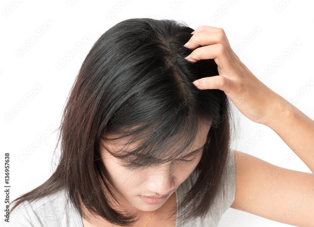Closeup woman hand itchy scalp, Hair care concept Closeup woman hand itchy scalp, Hair care concept