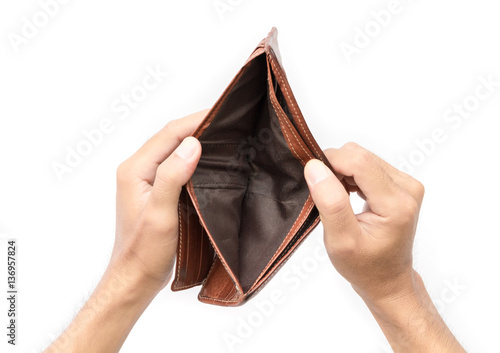 Man hand open an empty wallet on white background