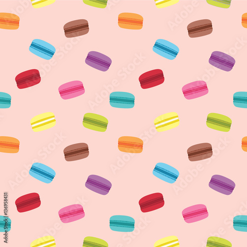 Cute seamless pattern of colorful and tasty macaron with pink background