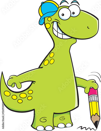 Cartoon illustration of a dinosaur leaning on a pencil.