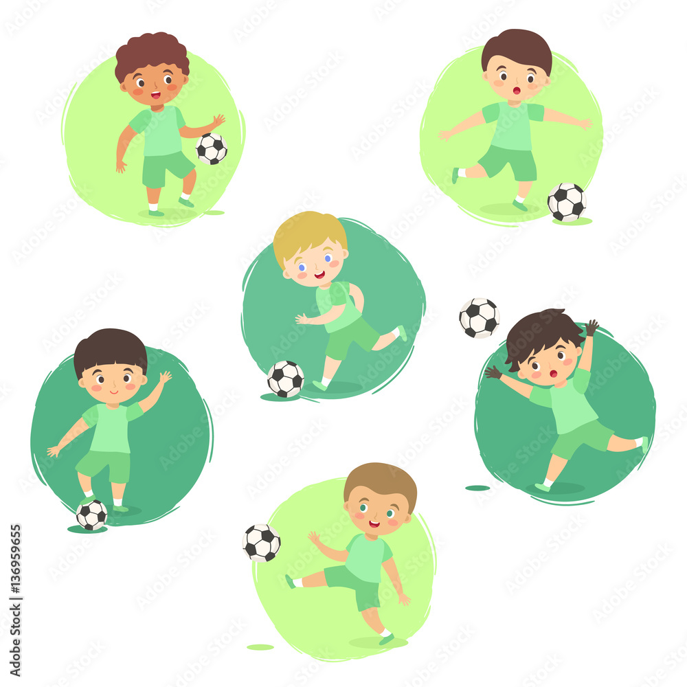 Kids playing Soccer Football Set, Boys Team Green Uniform with different ethnic and action style isolated vector illustration