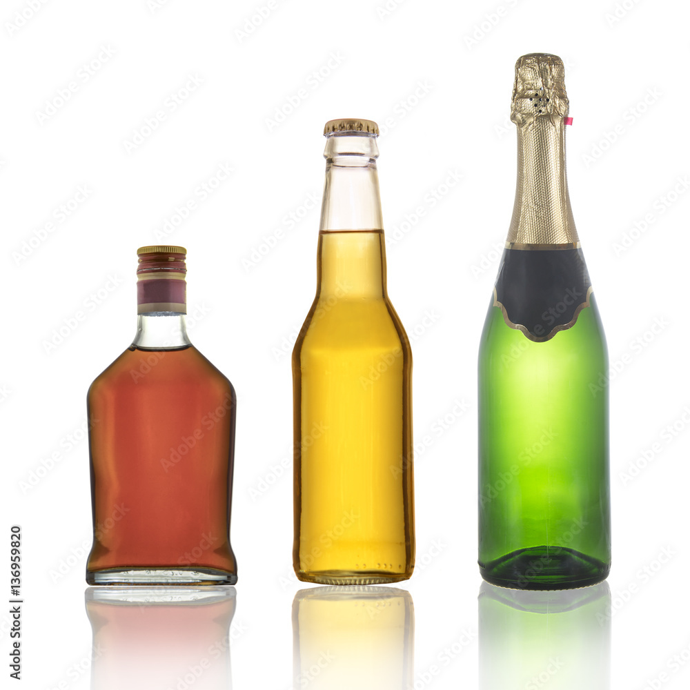 Bottles of cognac, champagne and beer Bottles of cognac, champagne and beer