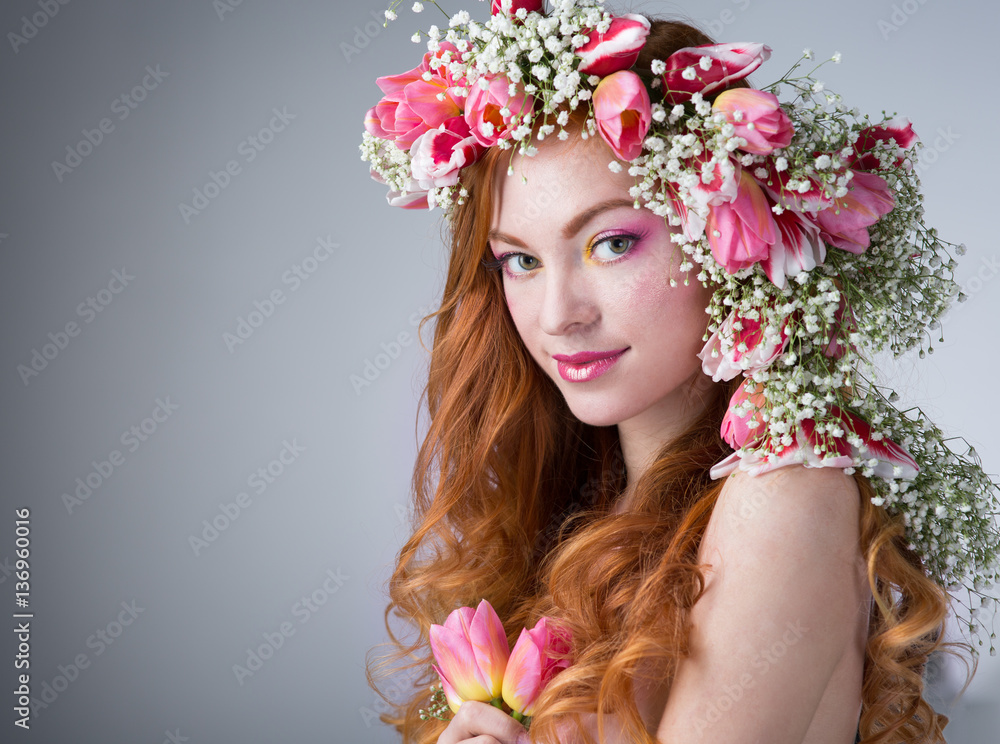 woman with wearing a wreath of tulips woman with wearing a wreath of tulips