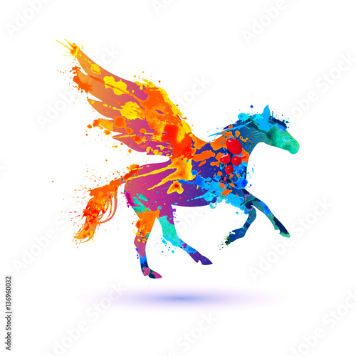 Pegasus vector symbol. Watercolor splash paint