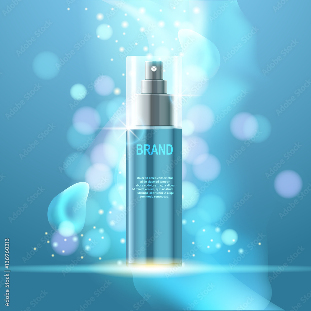 Vector realistic cosmetic bottles with natural elements.