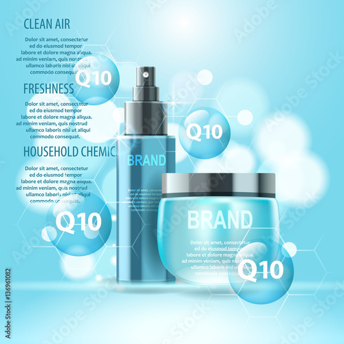 Vector realistic cosmetic bottles with natural elements.