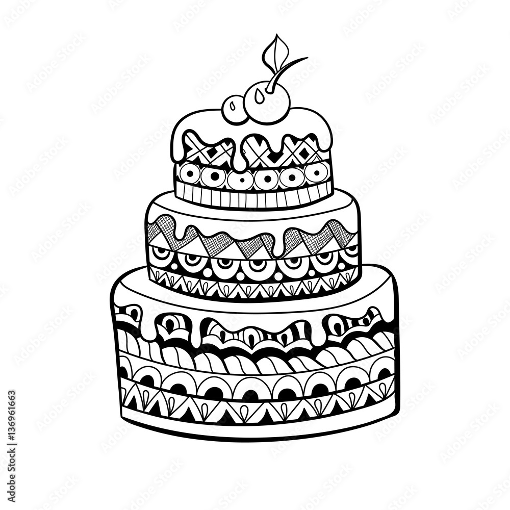 Cake for coloring book for adults. Zentangle style. Black and white ...